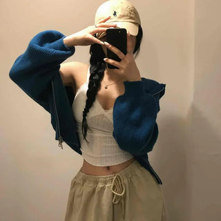Simple Trendy Loose Fit Spring/Autumn Zip-Up Knit