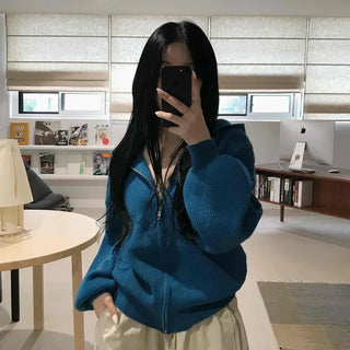 Simple Trendy Loose Fit Spring/Autumn Zip-Up Knit