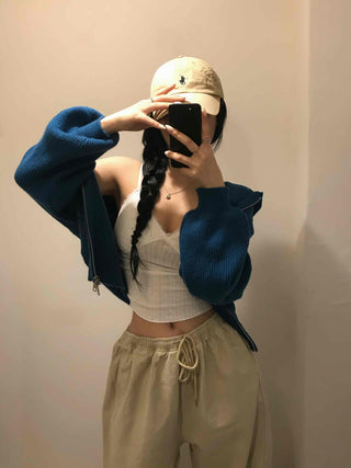 Simple Trendy Loose Fit Spring/Autumn Zip-Up Knit