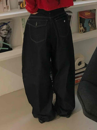 Dark blue oversized denim long pants with a casual yet stylish look