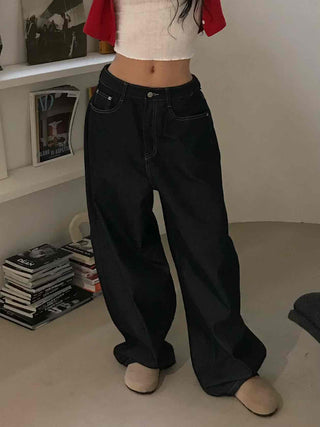 Dark blue oversized denim long pants with a casual yet stylish look