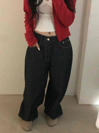 Dark blue oversized denim long pants with a casual yet stylish look