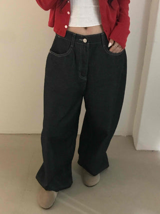 Dark blue oversized denim long pants with a casual yet stylish look