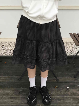 Comfort check frill midi skirt
