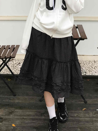 Comfort check frill midi skirt