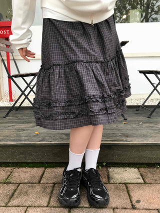 Comfort check frill midi skirt