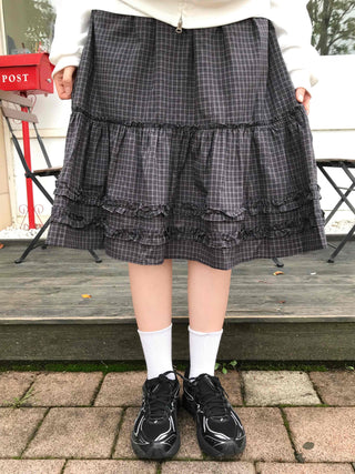 Comfort check frill midi skirt