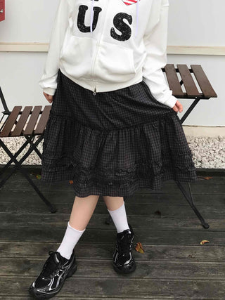 Comfort check frill midi skirt