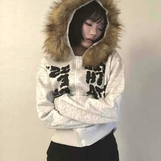 Vintage Fur Spray Lettering Zip-up