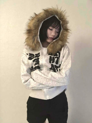 Vintage Fur Spray Lettering Zip-up