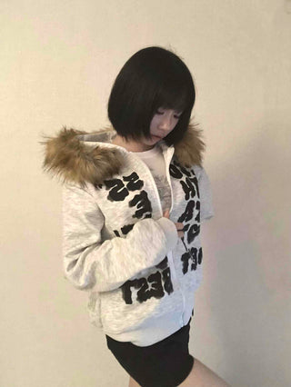Vintage Fur Spray Lettering Zip-up