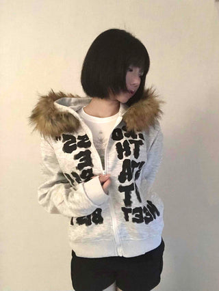 Vintage Fur Spray Lettering Zip-up