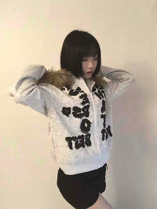 Vintage Fur Spray Lettering Zip-up