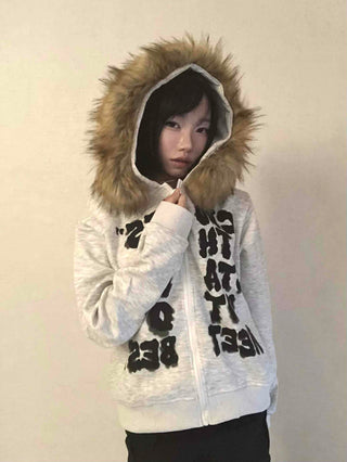 Vintage Fur Spray Lettering Zip-up