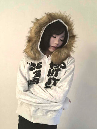Vintage Fur Spray Lettering Zip-up