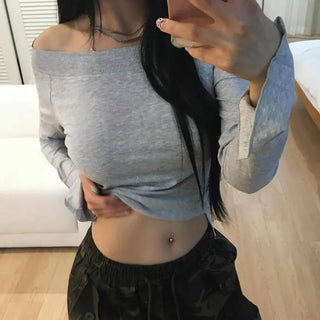 Gray New Basic Plain Off-Shoulder Long-Sleeve T-Shirt