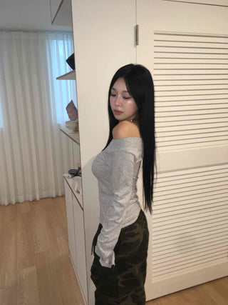 Gray New Basic Plain Off-Shoulder Long-Sleeve T-Shirt