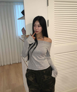 Gray New Basic Plain Off-Shoulder Long-Sleeve T-Shirt