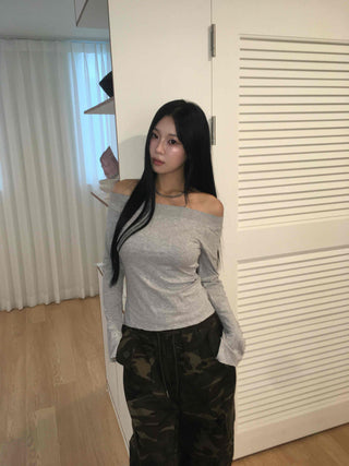 Gray New Basic Plain Off-Shoulder Long-Sleeve T-Shirt
