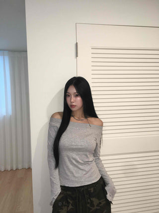 Gray New Basic Plain Off-Shoulder Long-Sleeve T-Shirt