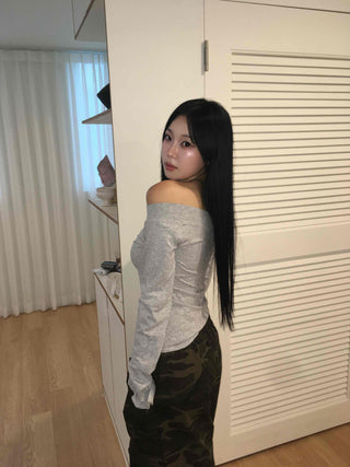 Gray New Basic Plain Off-Shoulder Long-Sleeve T-Shirt