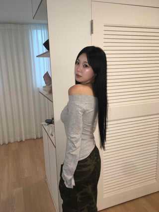 Gray New Basic Plain Off-Shoulder Long-Sleeve T-Shirt