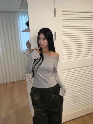 Gray New Basic Plain Off-Shoulder Long-Sleeve T-Shirt