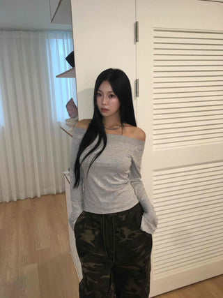 Gray New Basic Plain Off-Shoulder Long-Sleeve T-Shirt