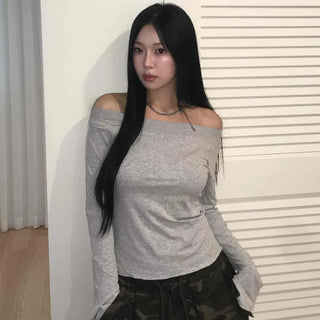 Gray New Basic Plain Off-Shoulder Long-Sleeve T-Shirt