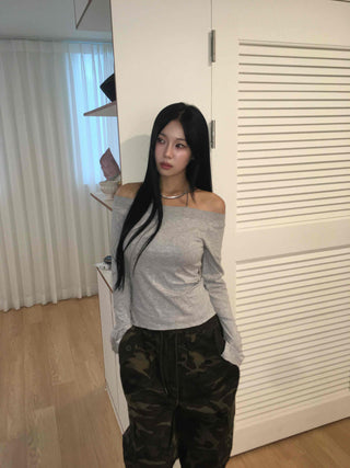 Gray New Basic Plain Off-Shoulder Long-Sleeve T-Shirt
