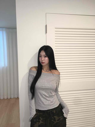 Gray New Basic Plain Off-Shoulder Long-Sleeve T-Shirt