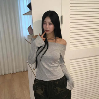 Gray New Basic Plain Off-Shoulder Long-Sleeve T-Shirt