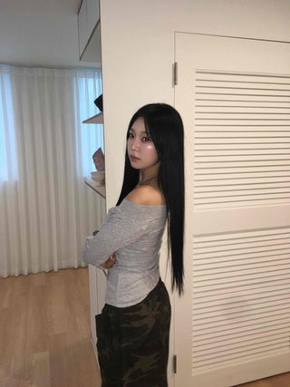 Gray New Basic Plain Off-Shoulder Long-Sleeve T-Shirt