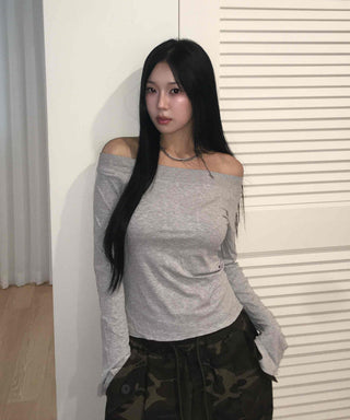 Gray New Basic Plain Off-Shoulder Long-Sleeve T-Shirt