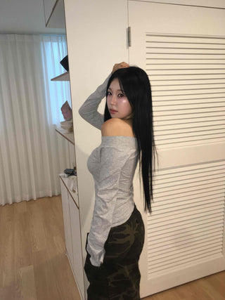 Gray New Basic Plain Off-Shoulder Long-Sleeve T-Shirt