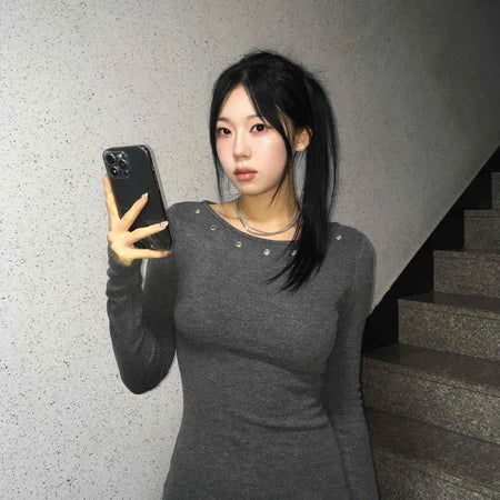 Simple Trendy Boat Neck Eyelet Mini Dress