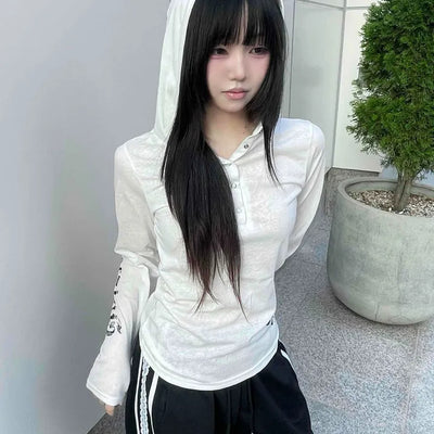 Basic Cotton Lettering Hooded Snap Long Sleeve T-shirt