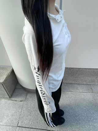 Basic Cotton Lettering Hooded Snap Long Sleeve T-shirt