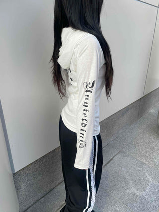 Basic Cotton Lettering Hooded Snap Long Sleeve T-shirt