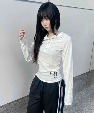 Basic Cotton Lettering Hooded Snap Long Sleeve T-shirt