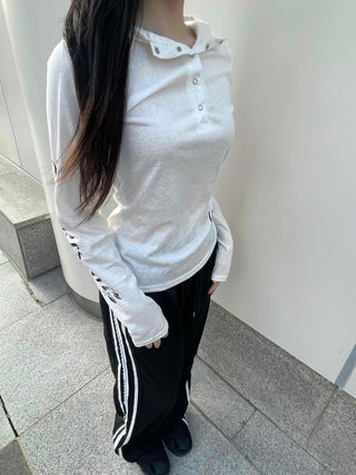 Basic Cotton Lettering Hooded Snap Long Sleeve T-shirt