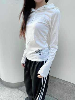 Basic Cotton Lettering Hooded Snap Long Sleeve T-shirt