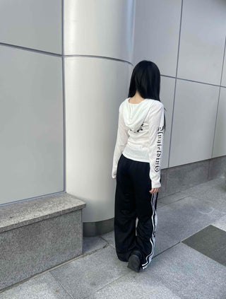 Basic Cotton Lettering Hooded Snap Long Sleeve T-shirt