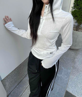 Basic Cotton Lettering Hooded Snap Long Sleeve T-shirt