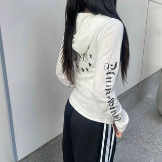 Basic Cotton Lettering Hooded Snap Long Sleeve T-shirt