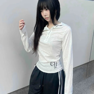 Basic Cotton Lettering Hooded Snap Long Sleeve T-shirt