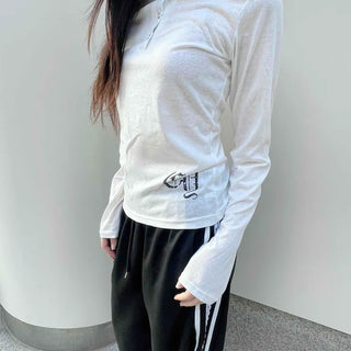 Basic Cotton Lettering Hooded Snap Long Sleeve T-shirt