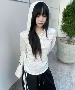 Basic Cotton Lettering Hooded Snap Long Sleeve T-shirt