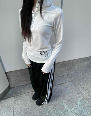 Basic Cotton Lettering Hooded Snap Long Sleeve T-shirt