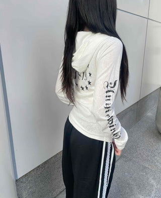 Basic Cotton Lettering Hooded Snap Long Sleeve T-shirt